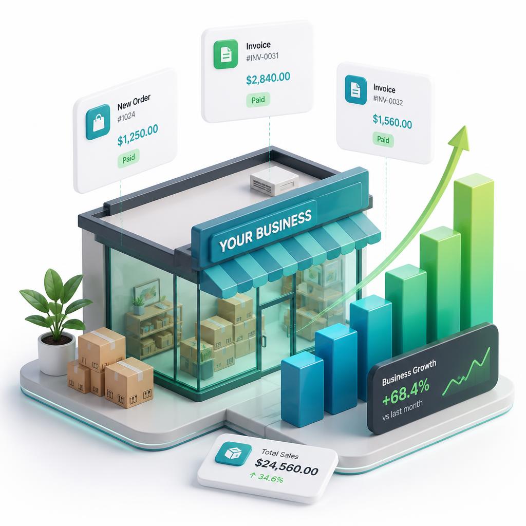 3D illustration of a small business growing with invoices and charts